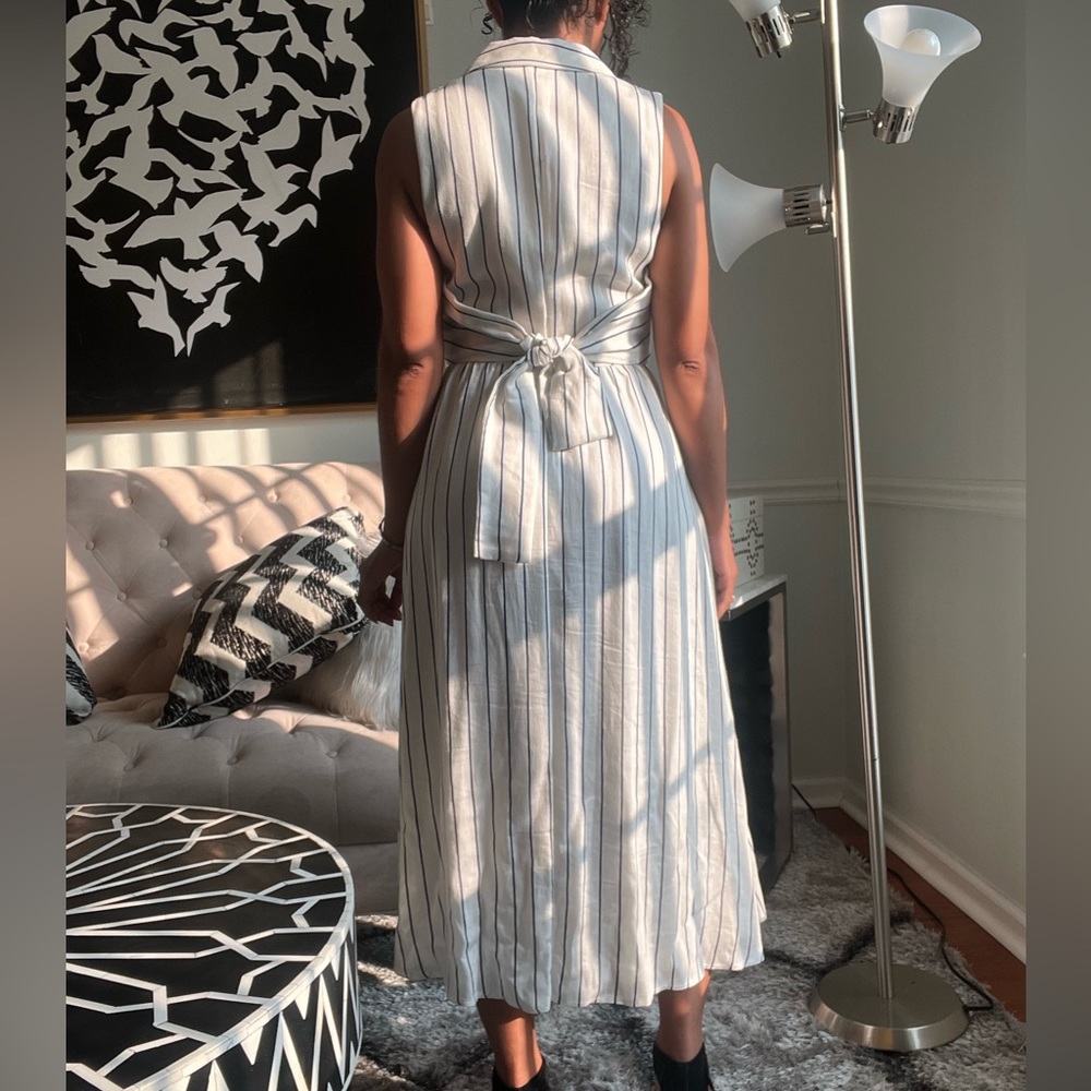 DKNY Womens White Belted Button Closures Striped Sleeveless  Midi Shirt Dress - Picture 7 of 11
